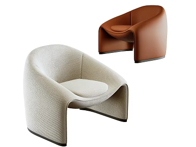 Modern Beige Fabric and Brown Leather Leisure Accent Chairs with Curved Arm Design 3d model