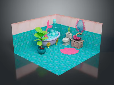Bathroom Interior With Blue Tiles Pink Walls Bathtub Toilet Sink Mirror Plant And Pink Rug 3d model