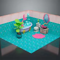 Bathroom Interior With Blue Tiles Pink Walls Bathtub Toilet Sink Mirror Plant And Pink Rug