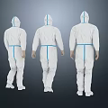 Woman In White Protective Suit With Blue Stripes And Face Shield Standing