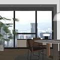 Modern Restaurant Interior With Large Windows City View Indoor Plant Dining Table And Chairs