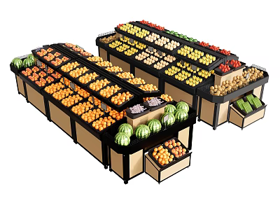 Fruit Display Shelves in Grocery Store with Fresh Oranges Apples Watermelons and Tiered Racks 3d model