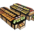 Fruit Display Shelves in Grocery Store with Fresh Oranges Apples Watermelons and Tiered Racks