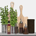 Elegant Kitchen Counter Display With Glass Spice Bottles Fresh Herbs Wooden Boards And Woven Container