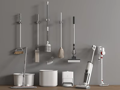 Various Cleaning Tools Hanging On Gray Wall With Mops Brooms Vacuum Cleaners And Buckets 3d model
