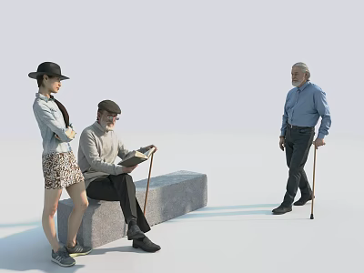 Multiple People In Outdoor Scene Reading On Stone Bench With Canes 3d model