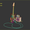 Artistic Musical Instrument Display Green Electric Guitar and Pink Amplifier on Dark Floor with Reflection