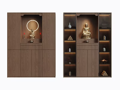 Wooden Buddhist Shrine Cabinet With Buddha Statue Vase And Decorative Lighting Design 3d model