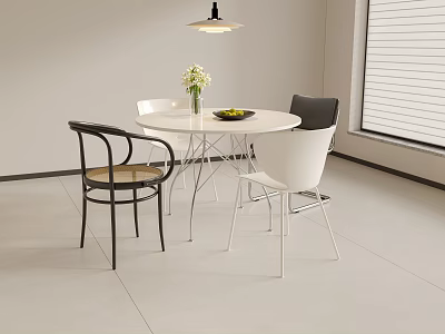 Elegant Round White Meeting Table and Chairs with Flower Vase Fruit Plate Hanging Lamp 3d model