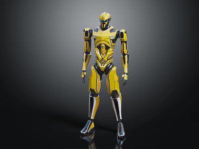 Shiny Yellow Mechanical Robot Character In Standing Pose With Glossy Black Details And Metallic Design 3d model