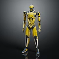 Shiny Yellow Mechanical Robot Character In Standing Pose With Glossy Black Details And Metallic Design