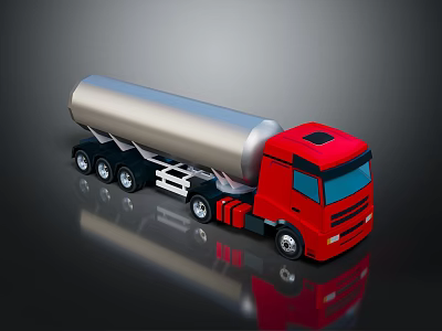 Red Tanker Truck With Silver Cylindrical Tank And Multiple Wheels 3d model