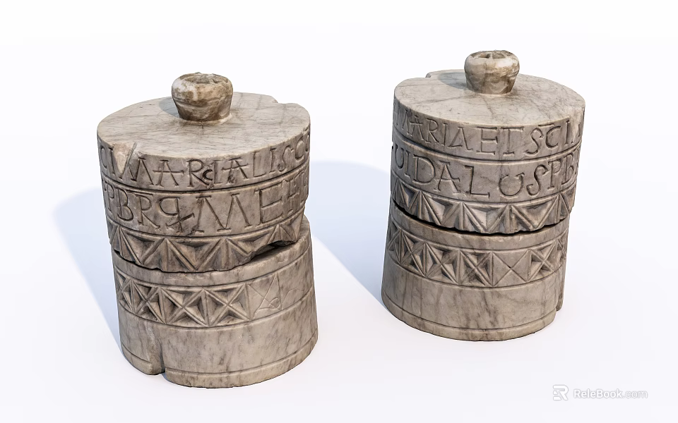 Stone Wood Carved Decorative Containers With Intricate Inscriptions For Home Decor 3d model 
