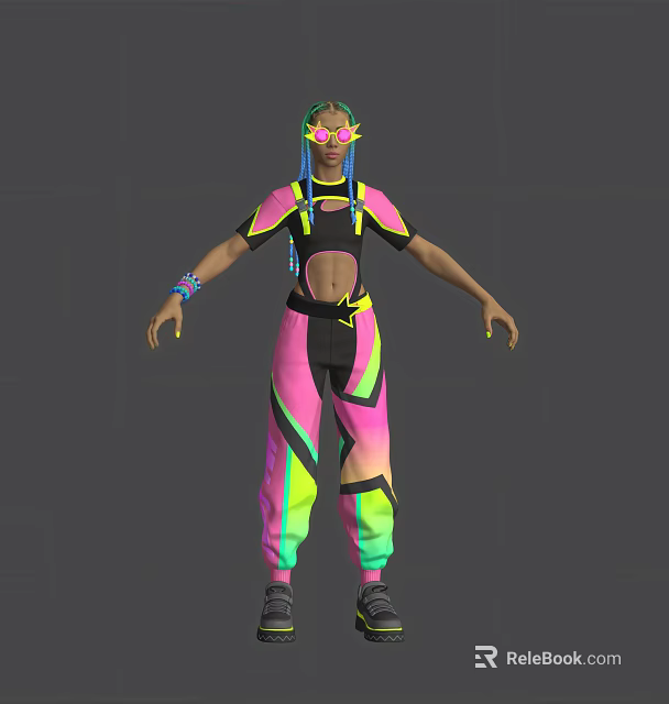 Woman With Blue Braids And Pink Glasses Wearing Black Top And Pink Green Gradient Pants 3d model 
