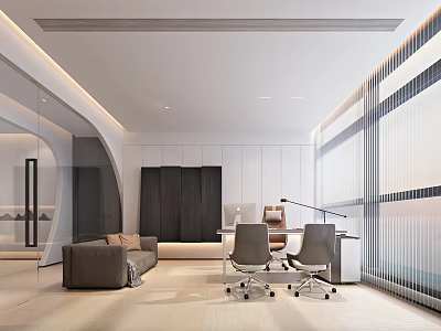Modern Office Interior With Open Layout Sofa Desk Chairs And Floor To Ceiling Windows 3d model