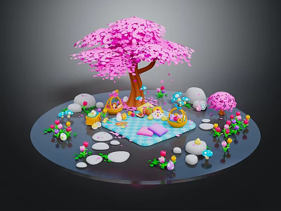 Cartoon Scene Featuring Pink Cherry Blossom Tree Picnic Blanket Baskets Stone Path And Flowers 3d model