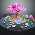 Cartoon Scene Featuring Pink Cherry Blossom Tree Picnic Blanket Baskets Stone Path And Flowers