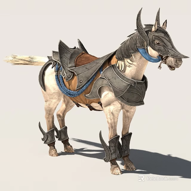 Light Colored Horse Wearing Metallic Armor Headpiece Leg Guards And Saddle 3d model 