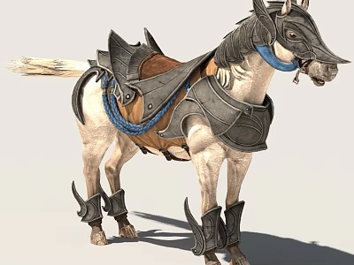 Light Colored Horse Wearing Metallic Armor Headpiece Leg Guards And Saddle 3d model