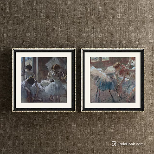 Two Framed Figure Paintings Featuring Ballerinas on Brown Wall Background 3d model 