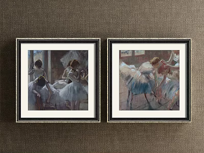 Two Framed Figure Paintings Featuring Ballerinas on Brown Wall Background 3d model