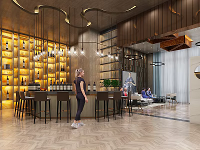 Elegant Shop Front Desk With Wine Racks Bar Counter Hanging Lights And Wooden Decor 3d model