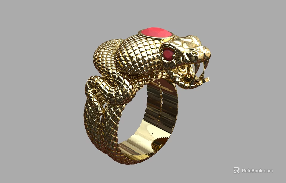 Exquisite Gold Snake Shaped Ring with Red Gemstone Eyes and Intricate Scaled Texture 3d model 