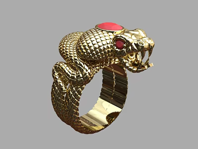 Exquisite Gold Snake Shaped Ring with Red Gemstone Eyes and Intricate Scaled Texture 3d model