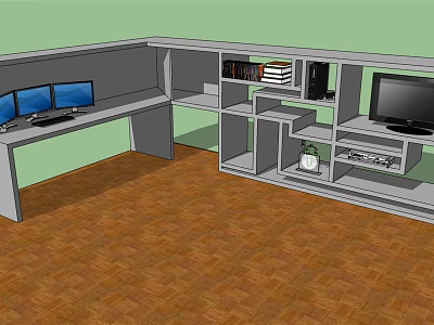 Modern Office Desk Setup With Dual Monitors Books TV And Wooden Floor 3d model