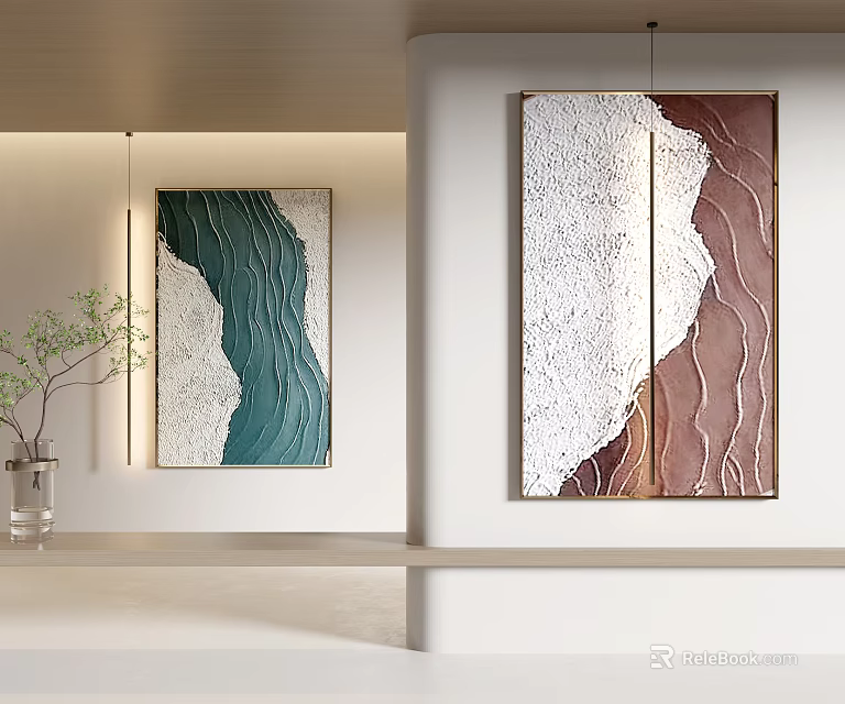 Modern Interior Decor With Green White And Brown Wavy Texture Wall Paintings 3d model