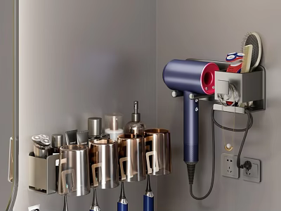 Wall Mounted Bathroom Daily Essentials Organizer With Hairdryer Toothbrush Toothpaste And Metal Holders 3d model