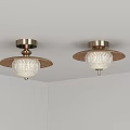 Modern Ceiling Lights With Wooden Plates And Brass Bases Textured Glass Shades