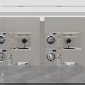 Modern Laundry Room With Stacked Washing Machine Dryer White Cabinets And Shelves