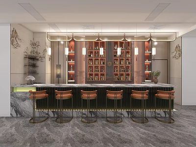 Contemporary Bar Interior With Marble Counter Metal Stools And Illuminated Wine Racks 3d model