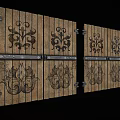 Rustic Wooden Door With Intricate Carved Decorative Patterns And Metal Hinges