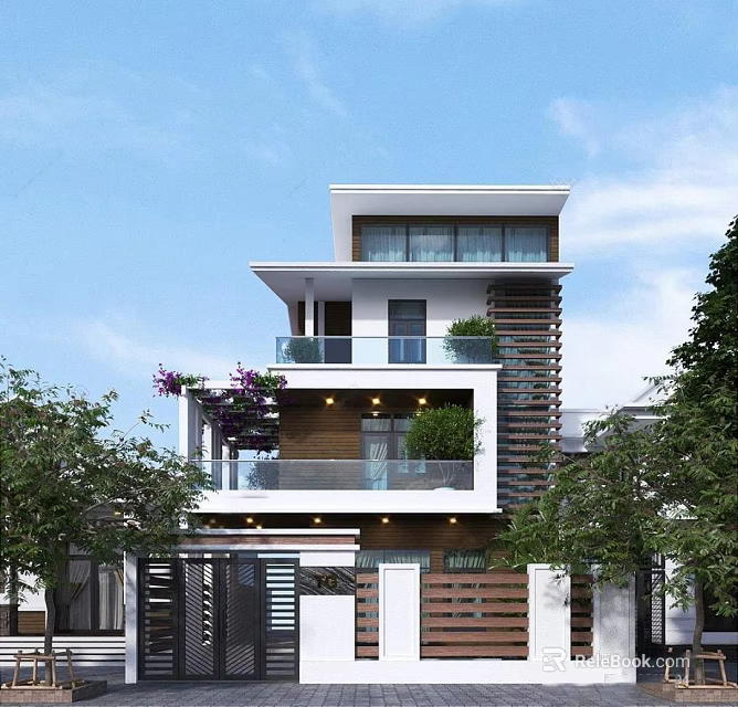Modern Detached Villa With Multi Storey Balconies Green Plants Wooden Exterior And Surrounding Trees 3d model 