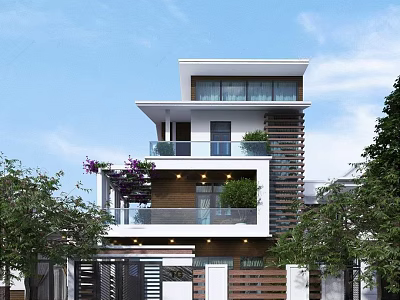 Modern Detached Villa With Multi Storey Balconies Green Plants Wooden Exterior And Surrounding Trees 3d model
