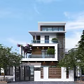 Modern Detached Villa With Multi Storey Balconies Green Plants Wooden Exterior And Surrounding Trees