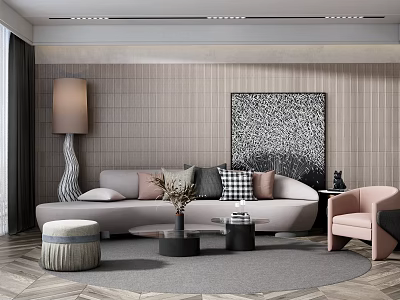 Modern Sofa And Coffee Table Set With Decorative Pillows Abstract Art And Accent Chair 3d model