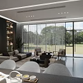 Modern Living and Dining Room with Large Windows Green View Sofa and Dining Table