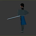 Woman Standing in Blue and Black Armor Holding Sword and Shield