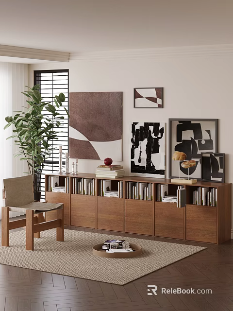 Wooden Bookcase With Books And Decorations In Living Room Featuring Chair Plant And Wall Artworks 3d model 