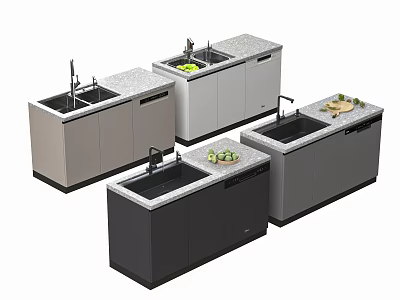 Modern Kitchen Sinks with Countertop Faucet and Fresh Vegetables in Various Colors 3d model