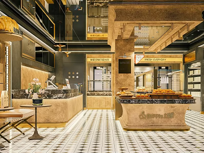 Stylish Dessert Shop Interior With Dessert Display Counter And Patterned Floor 3d model