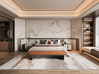 Modern Bedroom Interior With Marble Pattern Wall Bed Nightstands Lamps Bench And Rug 3d model