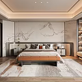 Modern Bedroom Interior With Marble Pattern Wall Bed Nightstands Lamps Bench And Rug