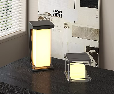 Two Modern Outdoor Lights With Transparent Lampshade And Soft Glow On Tabletop 3d model