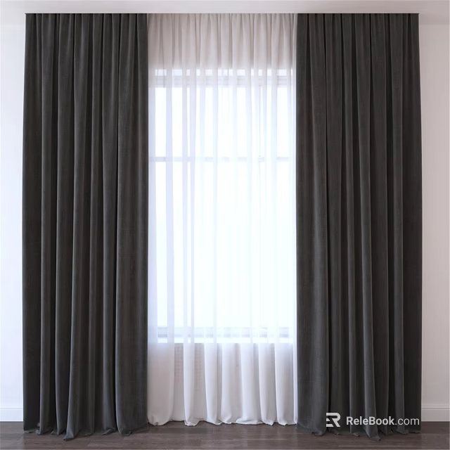Black Curtains with White Sheer Panels on Window Allowing Natural Light 3d model 