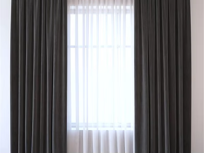 Black Curtains with White Sheer Panels on Window Allowing Natural Light 3d model