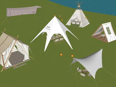 Scenic Camping Site With Various Tents Bell Tents Tipi And Waterfront Grassland 3d model